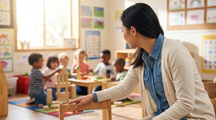 Obraz premium Calm preschool teacher watching diverse children play with wooden blocks and toys in colorful classroom with educational posters and natural light