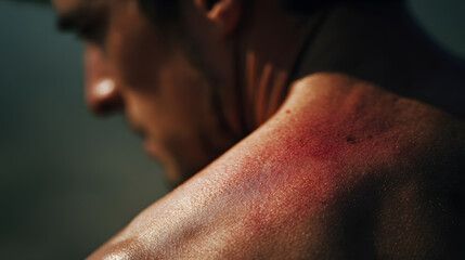 Fototapeta premium Closeup of person reddened sunburned shoulder with visible skin texture and summer discomfort, shallow depth of field and warm lighting