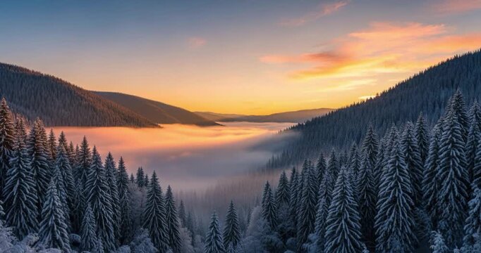 Mountain valley landscape with evergreen trees and fog at sunrise