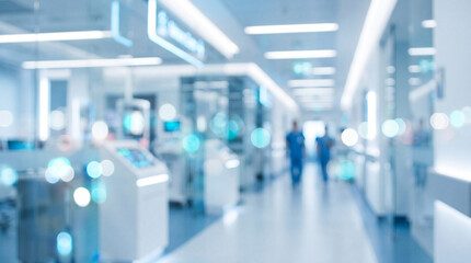 Fototapeta premium Blurred background of a modern hospital corridor with medical staff walking in the distance