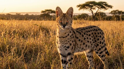 Obraz premium Elegant Serval Portrait in Golden Grasslands