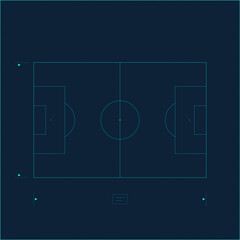 Technical architectural blueprint illustrating a soccer field layout with precise measurement lines on dark grid © SATHI