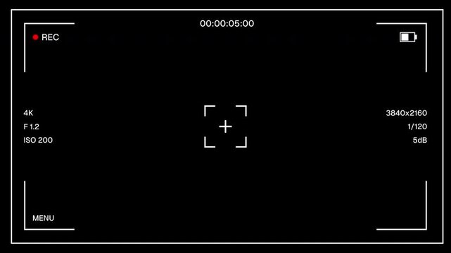 Screen Recorder Overlay Alpha Channel. 4K Horizontal DSLR Camera Recording Screen UI. Digital Video Recorder Interface with Timer Black Background.