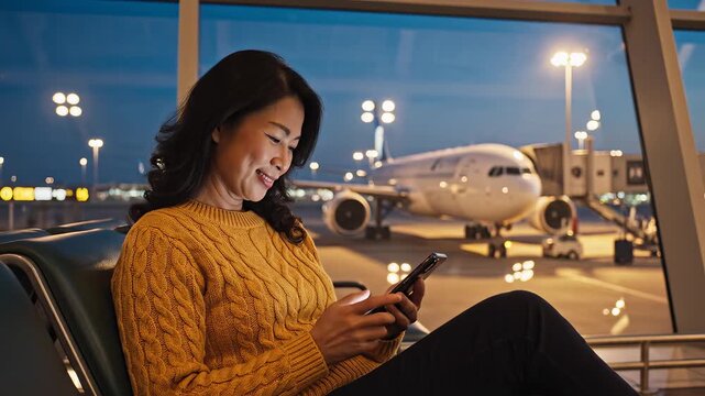 Woman using phone at airport with plane for contemporary fashion and urban lifestyle brands