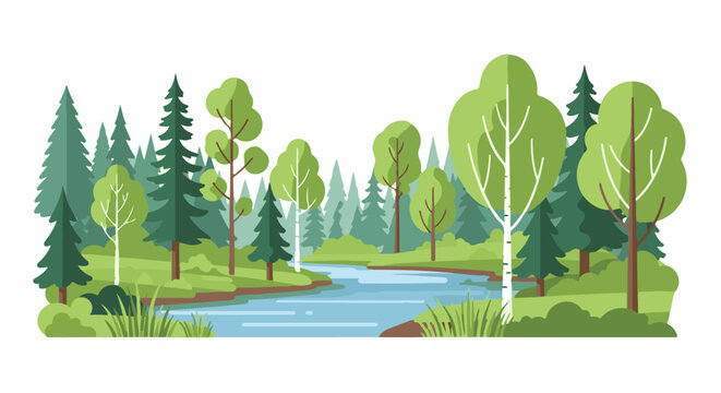 Lush forest scene with a winding river and diverse green trees