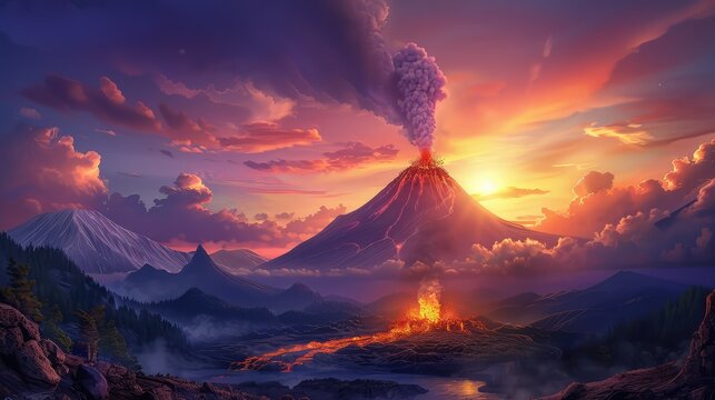 Majestic Volcano Erupting at Sunset with Lava Flow, Dramatic Sky, and Mountain Landscape in Vivid Colors