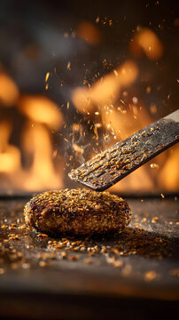 Sizzling seasoned burger patty on hot griddle with toasted spice flakes scattering as spatula lifts, warm flame bokeh and savory smoke creating intense appetizing atmosphere