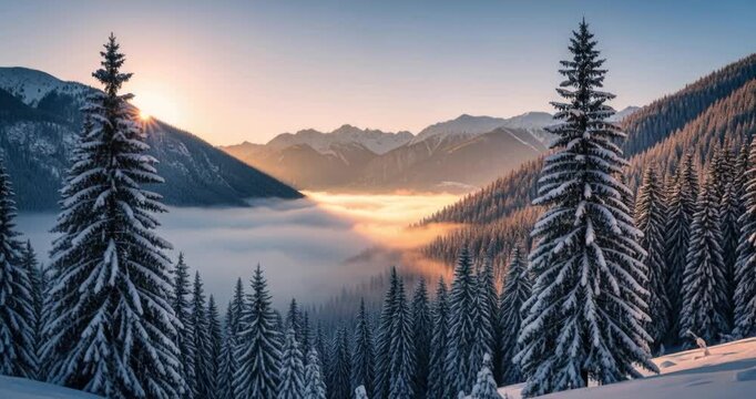 Snow covered pine trees and mountains at sunrise
