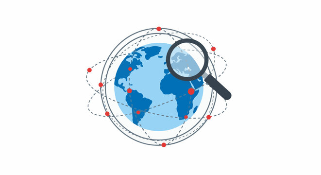 Magnifying glass inspecting a network of dots around a blue globe