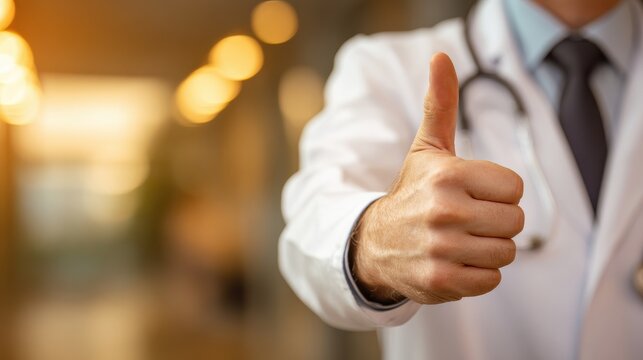 Close-up of a doctor's hand giving a thumbs up in a clinical setting