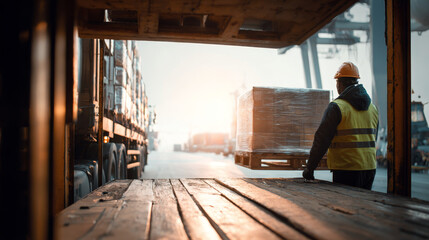Fototapeta premium Worker in safety vest and helmet supervises cargo loading at busy shipping port during sunrise. Industrial logistics and freight transportation operations are underway in a modern harbor environment