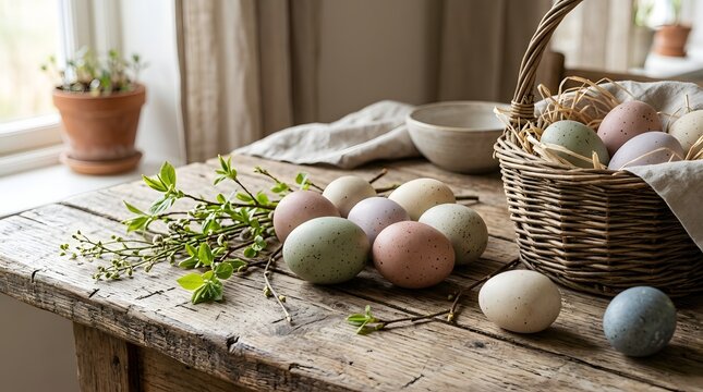 Decorative pastel colored easter eggs arranged with spring branches on a rustic wooden table