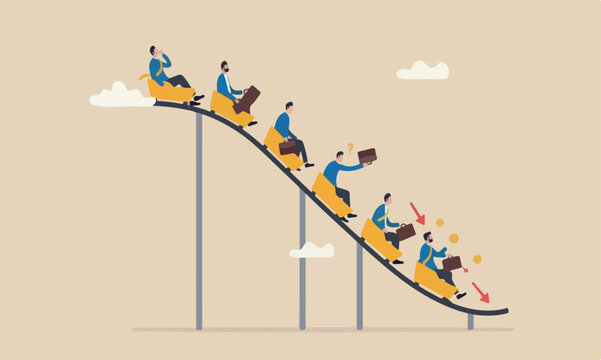 Stock market, downturn, investment falling down, economic crisis, fall down, decrease or reduction concept, business people investor riding on falling down graph