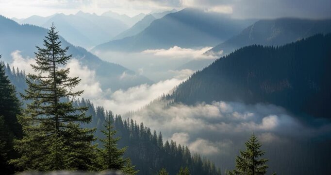 Mountain range scenery misty landscape evergreen trees day