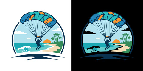 Parachuting adventurer descends onto a tropical beach with palm trees and crashing waves at sunset © inka