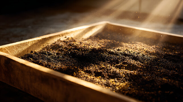 Freshly roasted coffee grounds drying in wooden tray with warm sunlight streaming and dust motes creating cozy artisanal atmosphere