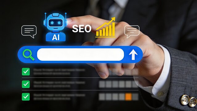 Hand touching AI robot icon above search bar with SEO growth chart, digital marketing optimization concept featuring artificial intelligence tools for keyword ranking and online