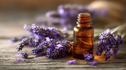 Close-up of lavender sprigs with amber essential oil on rustic wooden table in warm natural light