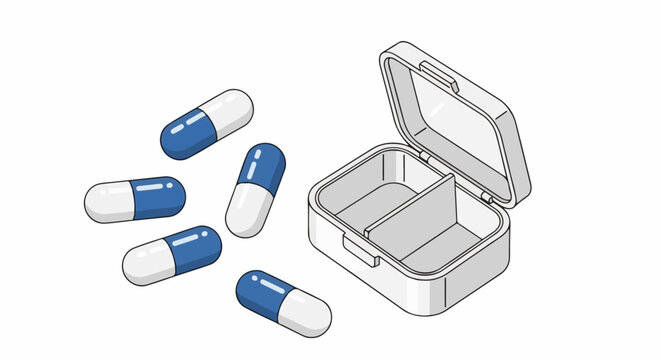 Open pillbox with scattered blue and white capsules