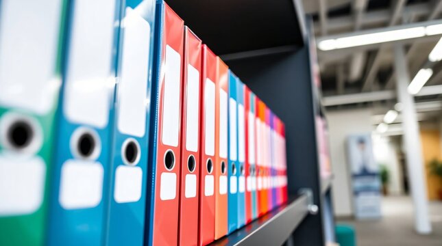 Close up of colorful ring binders neatly arranged on shelves in a modern office.