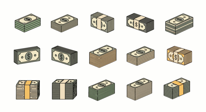 Multiple isometric illustrations of stacked paper currency bills with dollar signs