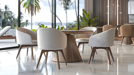 Fototapeta premium Modern dining area with white chairs and wooden round table inside luxury tropical villa with large glass windows overlooking green palm trees