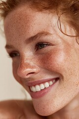 Fototapeta premium Close-up portrait of a confident woman with freckles and a glowing skin tone in a natural skincare moment