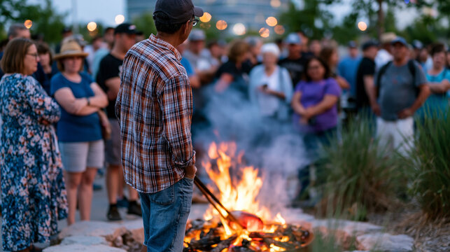Outdoor summer solstice ceramic raku firing event, participants pulling glowing red pots from the kiln with long tongs at dusk, smoke billowing from the reduction chamber, crowd of observers in summ