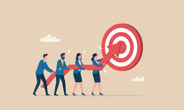 and support big bullseye target goal concept, group of businessmen and women office workers help and support to pull arrow rising up