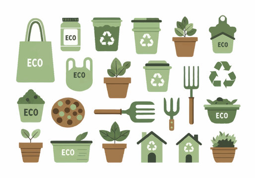 Eco friendly items and gardening tools collection.