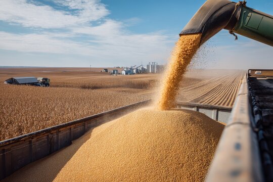 Combine unloading soybeans into a grain cart in a sunlit soybean field