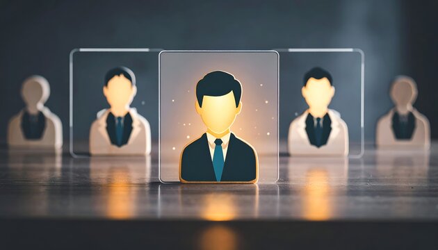 Central figure stands out, highlighted by warm glow. Surrounding icons represent team members