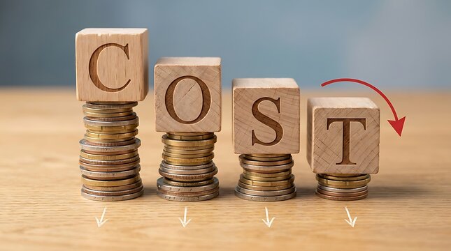 Decreasing cost shown by coin stacks and blocks with arrow cost cutting reduction decrease business investment downward