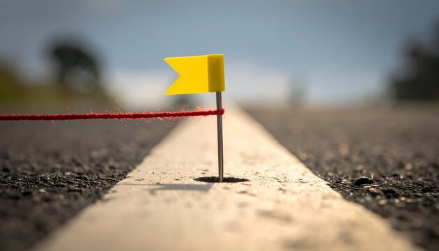Yellow flag marks road's end. Red string taut, guiding path ahead