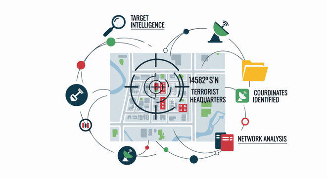 Map shows target intelligence, coordinates, and network analysis for a terrorist headquarters