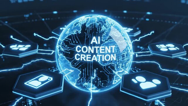 AI content creation globe with icons ideal for tech startups and software promos