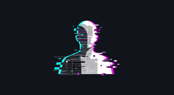 Glitchy digital portrait of a person.