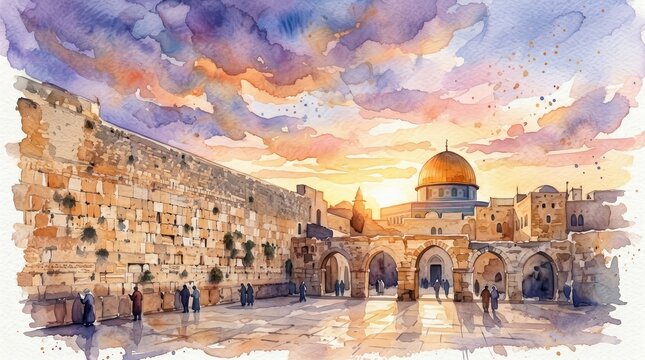 Tourism and travel art of the Wailing Wall in Jerusalem with a sunset backdrop in watercolor.