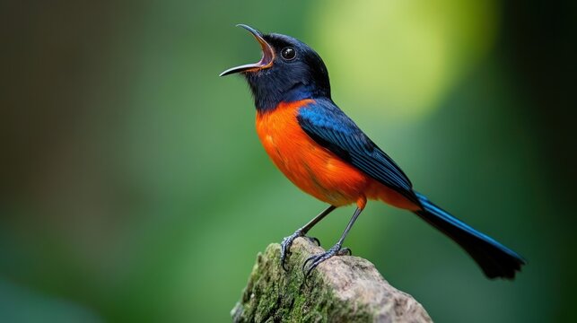 Colorful bird singing on branch in lush forest, nature photography