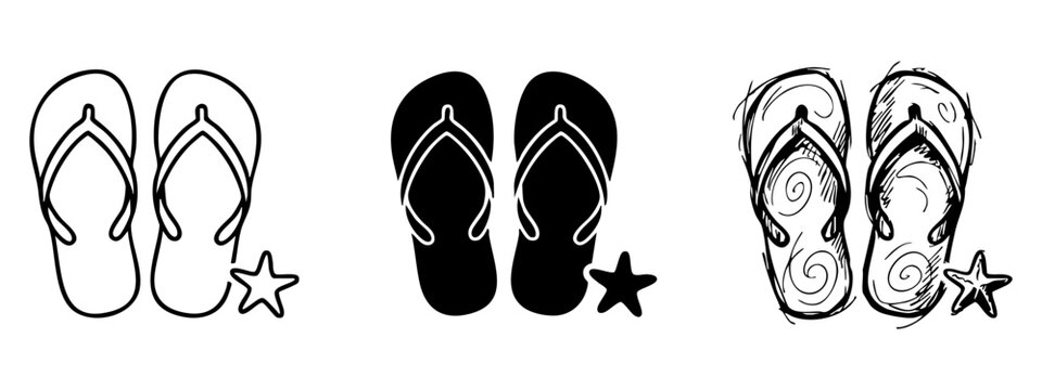Set of Flip Flop Icons with Starfish, Beach Summer Sandals Collection in Line Art, Silhouette, and Sketch Styles