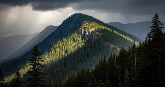 Mountain ridge illuminated by sunlight with dramatic cloudy sky