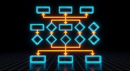 Naklejka premium Neon flowchart with glowing blue and orange lines and shapes