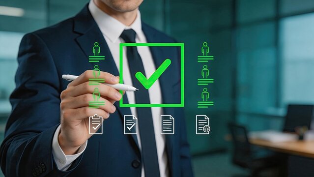 Manager verifying checklist and approving documents with green check mark, ensuring compliance and quality control standards are met for business operations and administrative