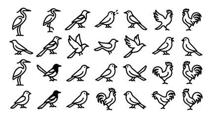 Obraz premium Extensive collection of avian silhouette vectors depicting various bird species, from sparrows to herons and roosters, offering versatile graphic design elements