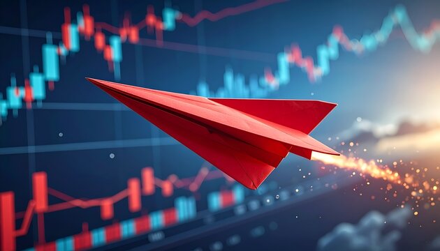 Red paper airplane soars past financial charts. Graph lines climb and fall in dynamic motion