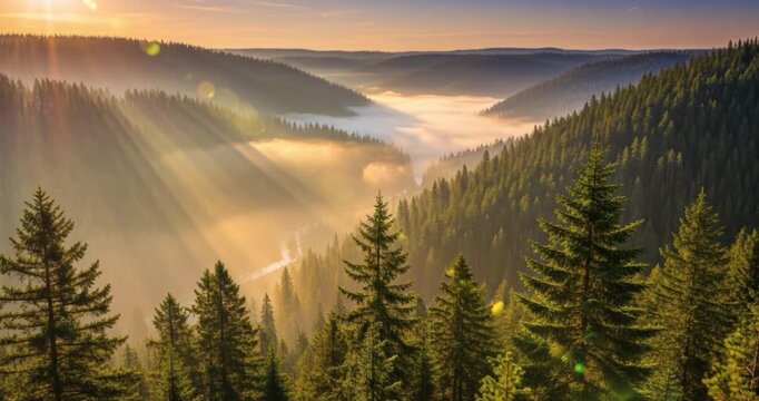 Forest valley landscape with sunbeams and mist