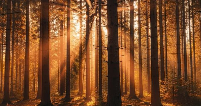 Sunlight streaming through tall trees in a forest