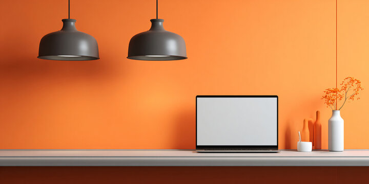 Workplace with Blank Laptop and Lamp Near Orange Wall