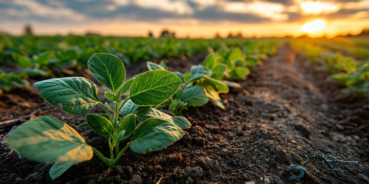 Young Soybean Plants in Rows at Sunset in Rural Field