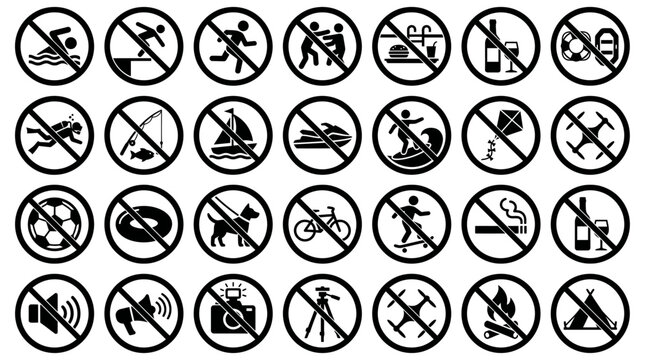 Set of various prohibition signs and forbidden actions silhouette icons, depicting a collection of no-entry and restricted activity symbols, symbolizing rules and regulations